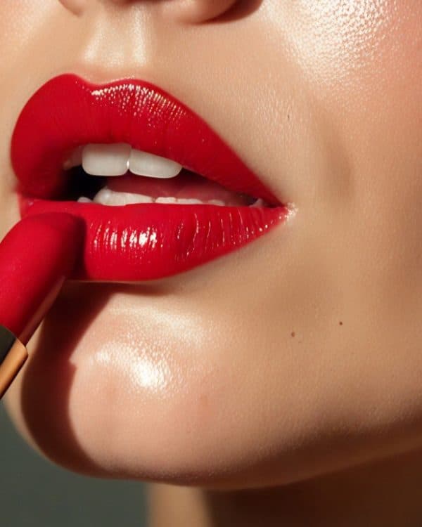 Woman applying lipstick